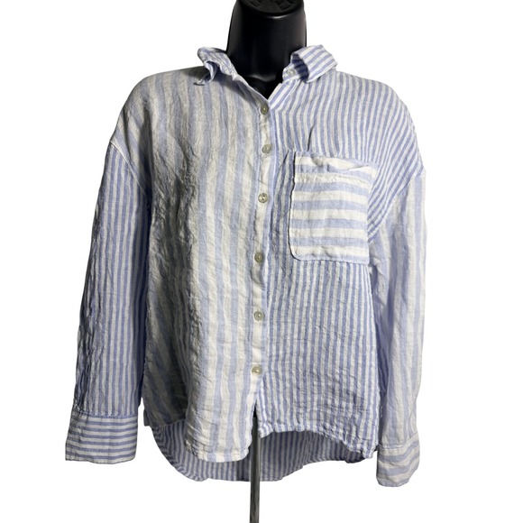 Nicole Miller New York Tops - Nicole Miller New‎ York Shirt Womens Small Blue White Stripe Linen Button Top